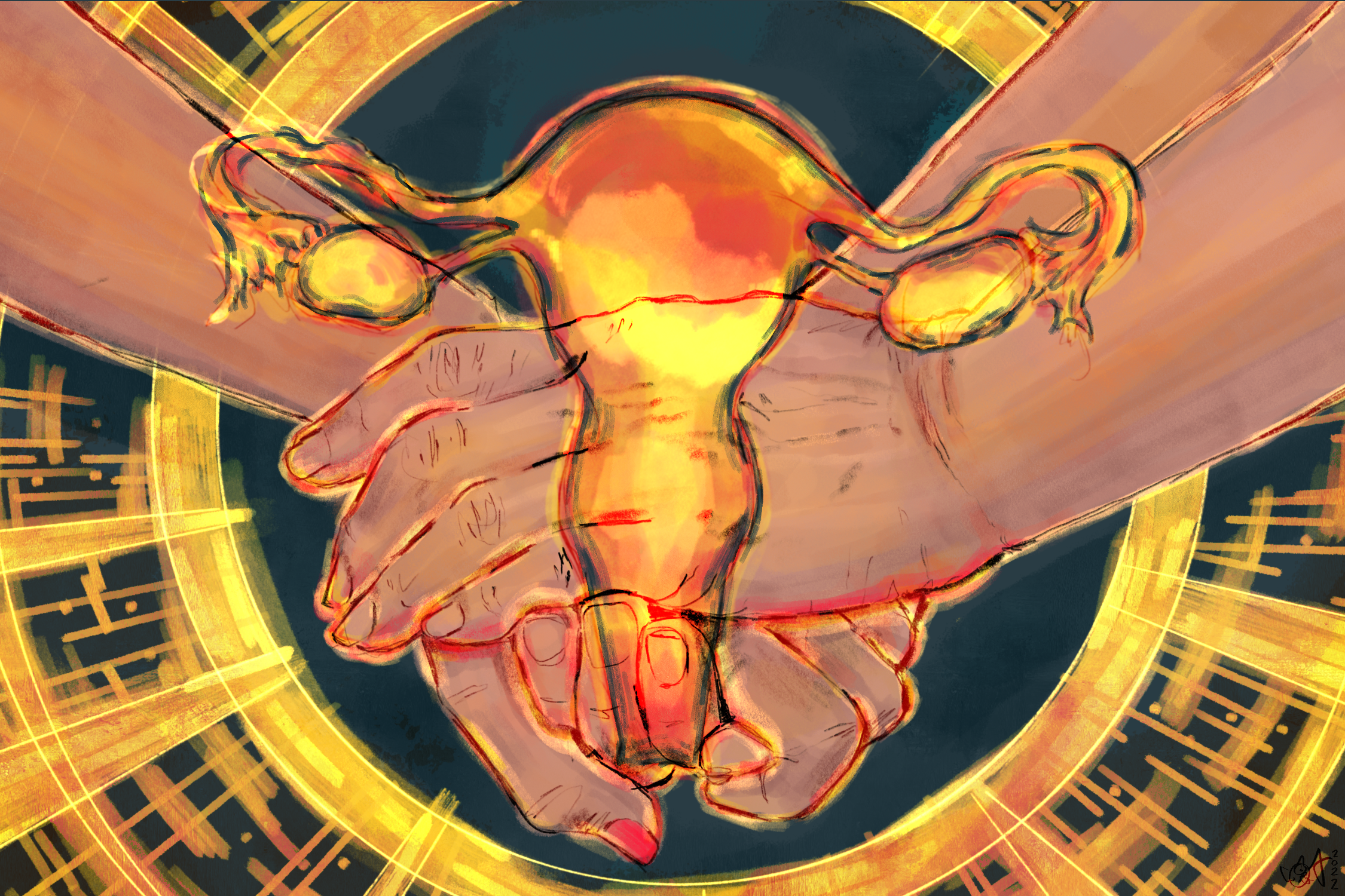 A digital illustration in pencil and watercolor. In the center of the image, there are two hands holding each other in a comforting position. There is a uterus overlayed on top of the hands; it is semi-transparent and painted in pink, orange, and gold colors. The background is a deep teal with a golden circle with radiating lines surrounding the hands and uterus.