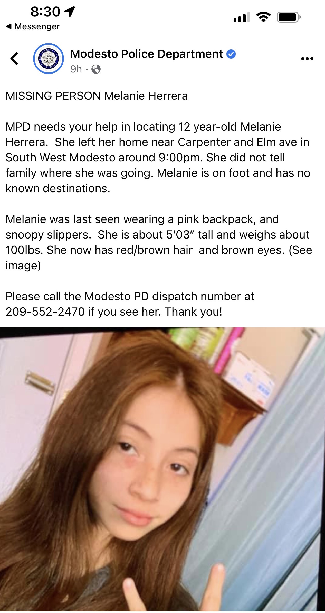 Modesto Police Seeking Missing 12 Year Old Melanie Herrera
