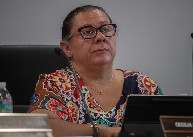 Stockton Unified School District Board President Cecilia Mendez presides over a town hall meeting about the critical grand jury report at the SUSD headquarters in downtown Stockton.