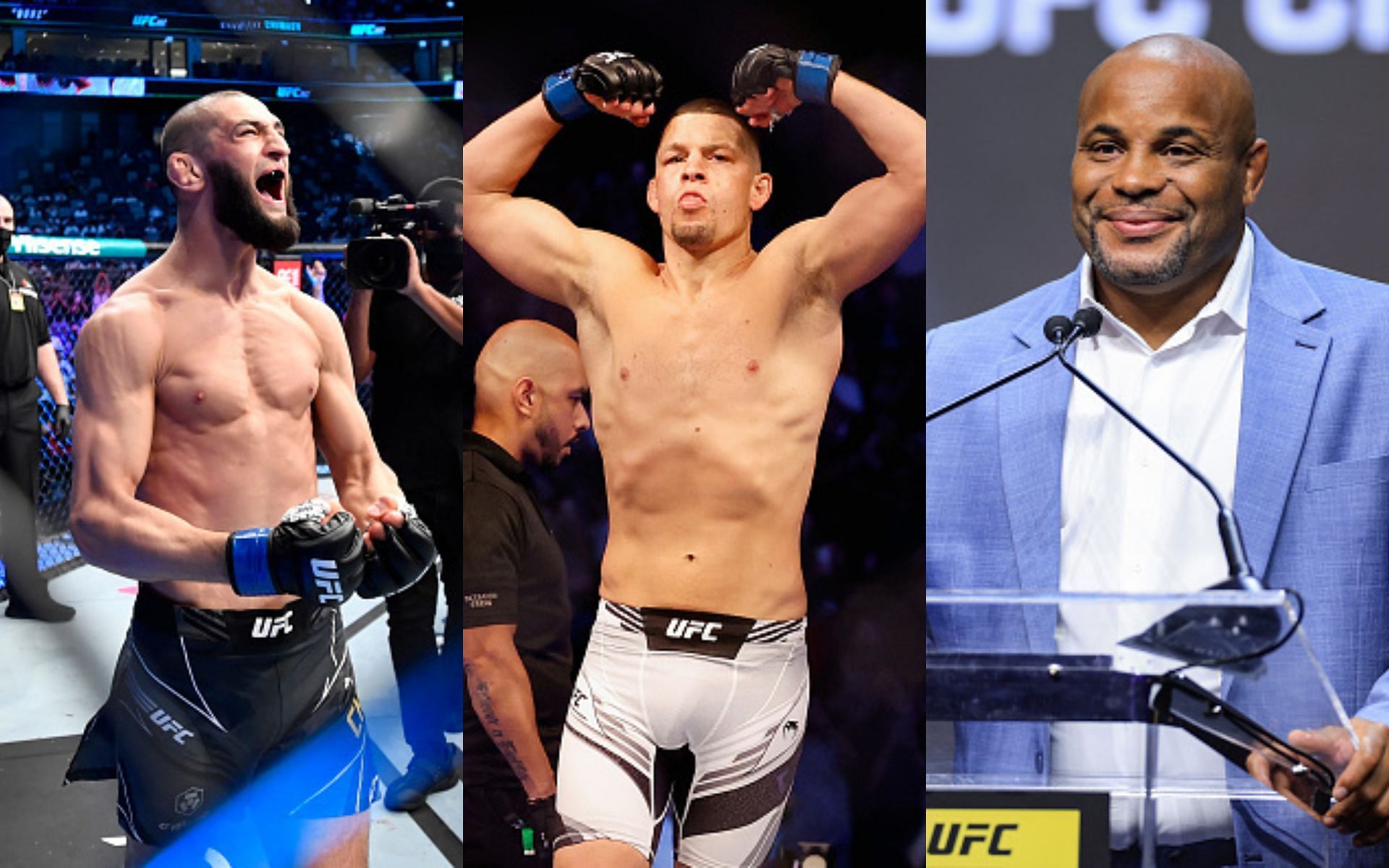Khamzat Chimaev (left), Nate Diaz (middle), Daniel Cormier (right)