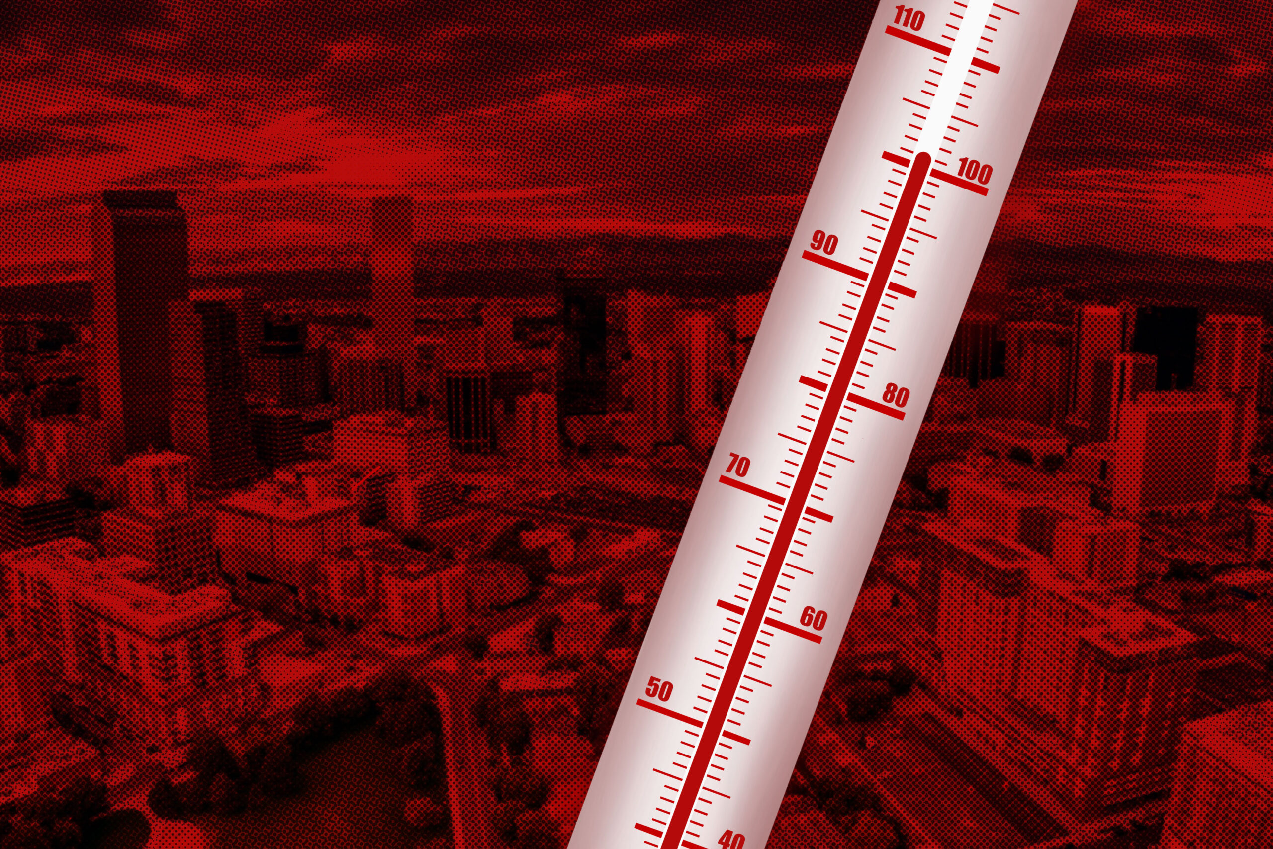 A digital illustration of a thermometer showing about 101 degrees with an image of Denver with a red tone behind it.