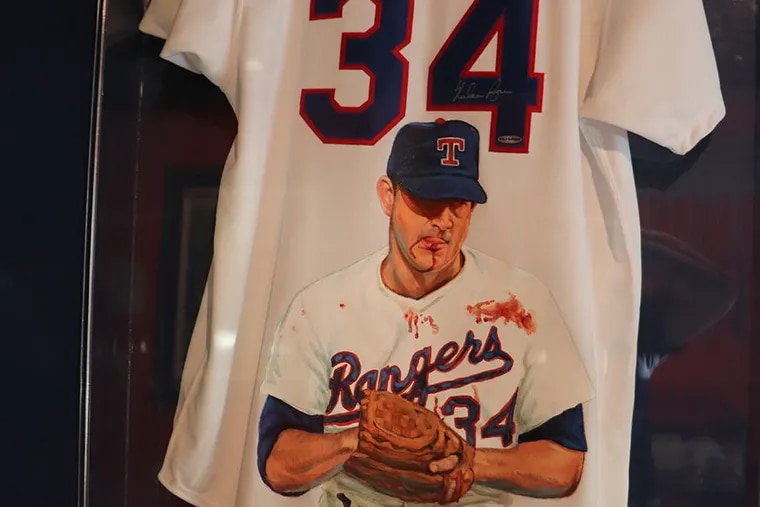 A jersey that Nolan Ryan wore while playing for the Texas Rangers on display at Stockton University.