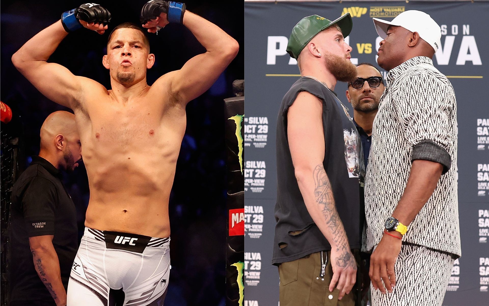 Nate Diaz (left) Jake Paul and Anderson Silva (right)