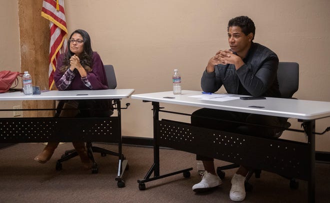 Angelann Flores, left, and Xavier Lopez Mountain participate in a debate for the SUSD board District 2 seat at the Stockton Record's office in downtown Stockton on Wednesday Oct.  26, 2022.