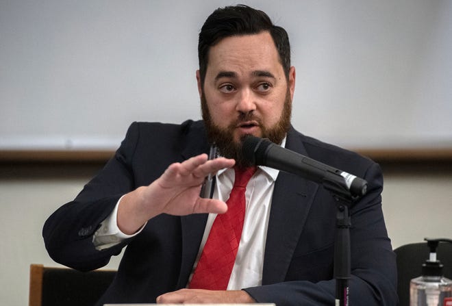 Sol Jobrack participates in a candidates forum for Stockton city council at the South Forum on the San Joaquin Delta College campus in Stockton on Tuesday, Sept. 14, 2022.