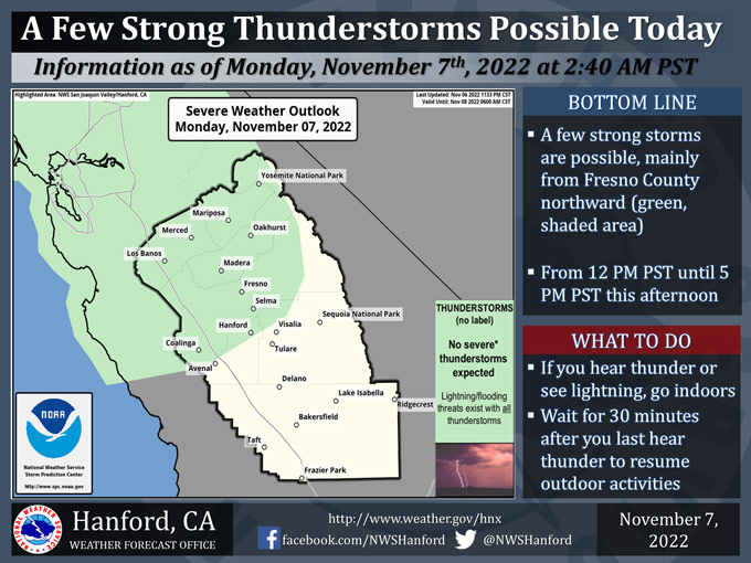 A Few Strong Thunderstorms Possible Today (Monday) for Fresno, Madera and Mariposa Counties Including Yosemite National Park
