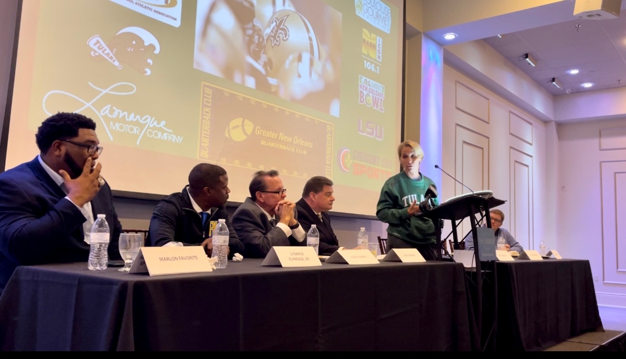 Marlon Favorite, Lisa Stockton, Mark Schlesinger, and HS coaches speak at QB Club