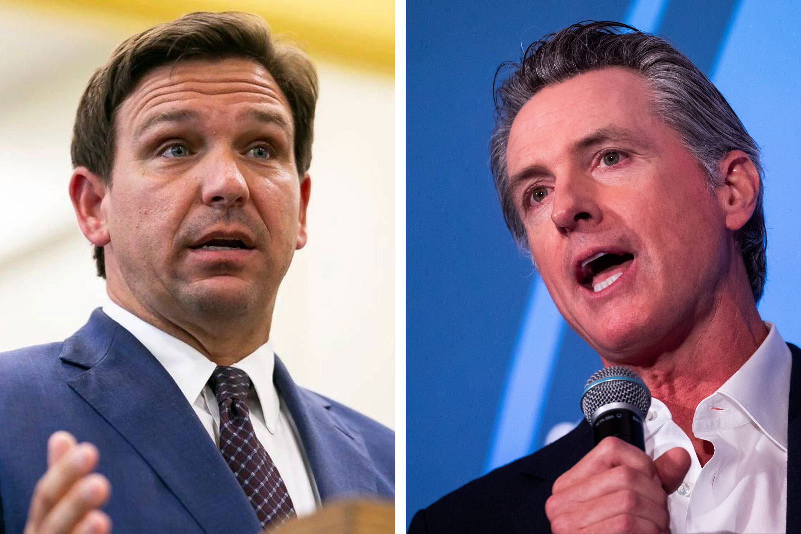 Two photos where Florida Gov. Ron DeSantis is picture on the left and California Gov. Gavin Newsom is on the right.